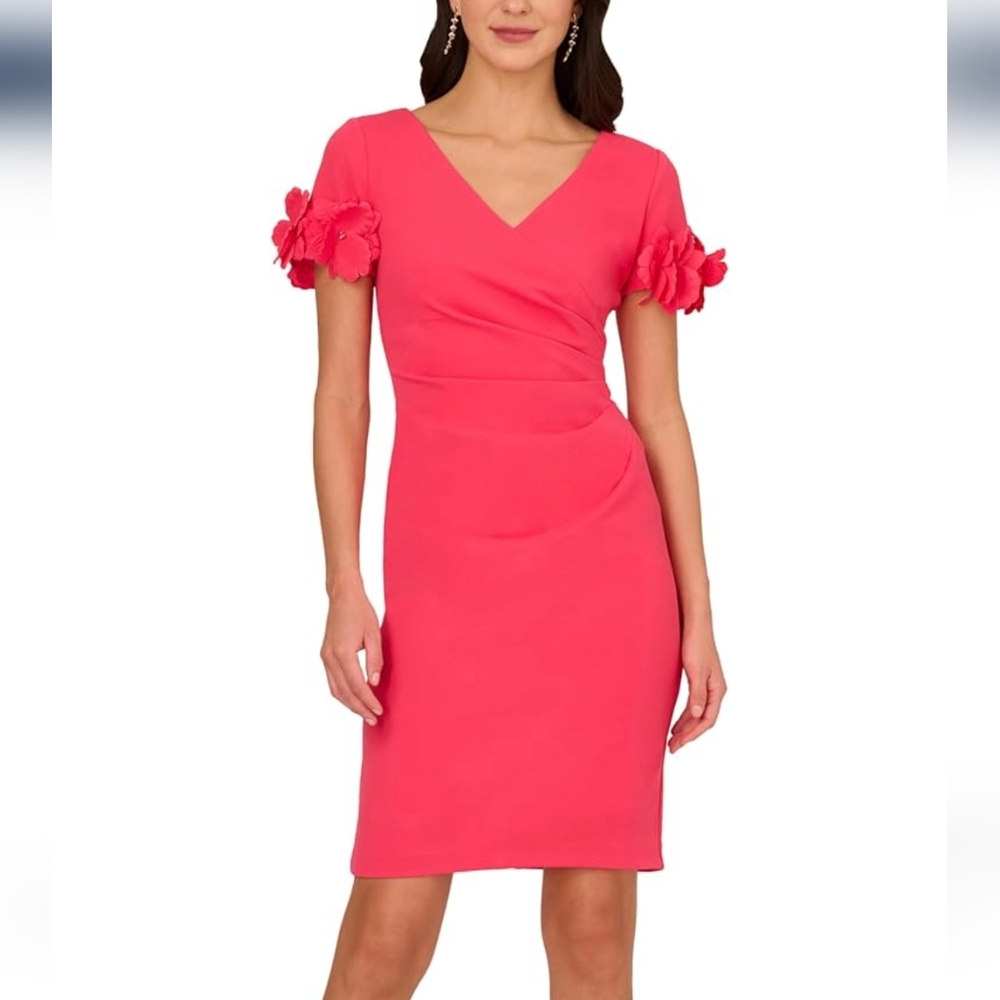 ADRIANNA PAPELL CORAL PINK FLOWER SLEEVE DRESS SIZE 18 NEW